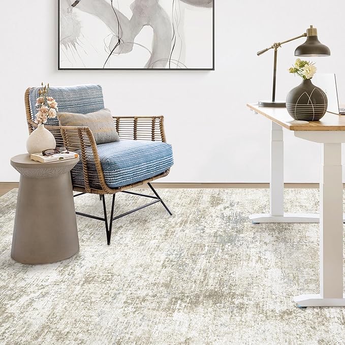 6x9 Washable Area Rug for Living Room: Modern Abstract Rugs Soft Non-Slip Low-Pile Indoor Floor Carpet for Bedroom, Dining Room, Nursery (BeigeBrownBlue, 6'x9')