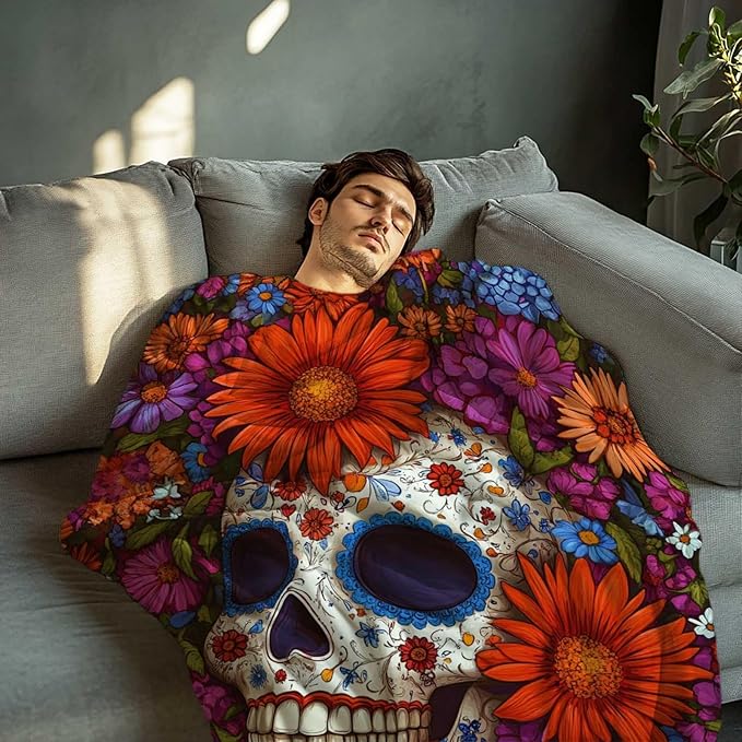 Sugar Skull Throw Blanket, Gift for Women and Men, Day of Dead Theme, Lightweight Fleece for Home Decor, Couch and Chair, 50x60 Inches