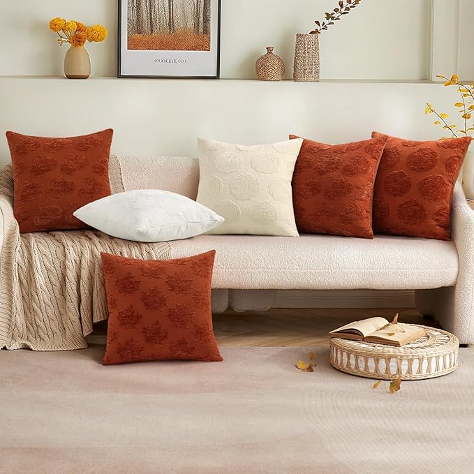 decorUhome Decorative Beige Pumpkin Thanksgiving Throw Pillow Covers 12x20 Set of 2, Soft Chenille Jacquard Farmhouse Textured Pillow Covers for Couch Bed Sofa Autumn Harvest Halloween Holiday