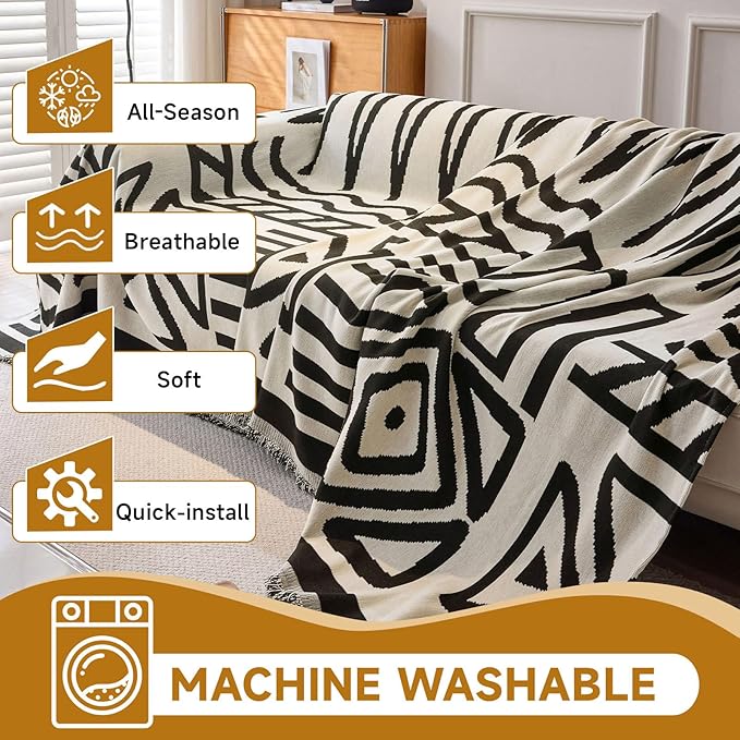 VClife Boho Couch Cover Soft Thick Chenille Couch Covers for Sectional Sofa, Bohemian Jacquard Couch Cover for 2 Cushion Couch Sofa Washable Breathable Furniture Protector, White, 71"x118"