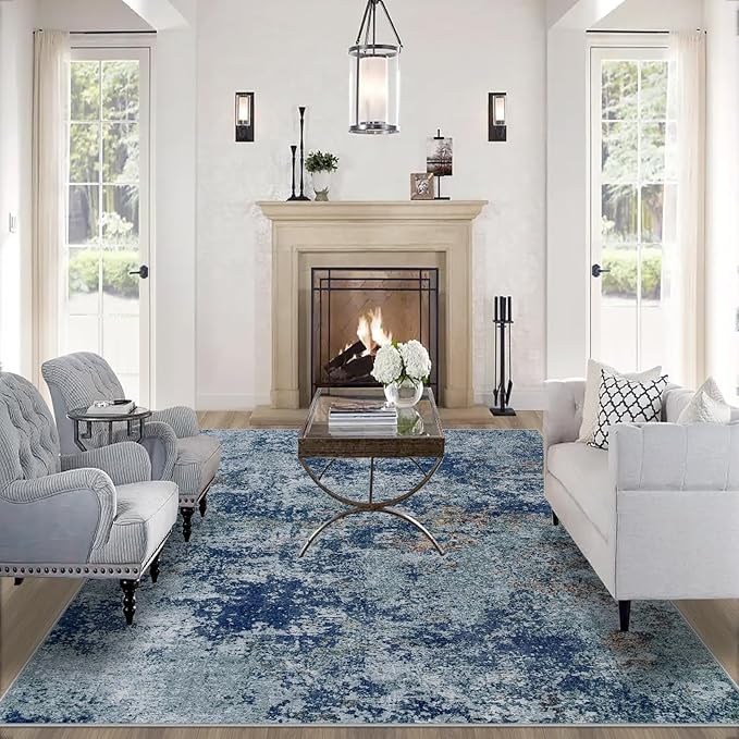 Area Rug Living Room Rugs: 6x9 Rug for Bedroom Machine Washable with Non Slip Backing Non Shedding Abstract Stain Resistant Large Carpet for Dining Room Nursery Home Office - Blue