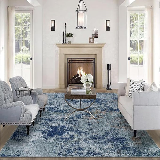 Area Rug Living Room Rugs: 6x9 Rug for Bedroom Machine Washable with Non Slip Backing Non Shedding Abstract Stain Resistant Large Carpet for Dining Room Nursery Home Office - Blue