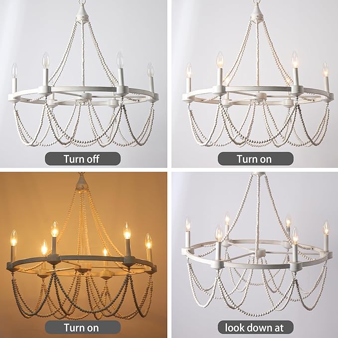 COCOSTAR 28 Inch White Beaded Chandelier Bohemian Style, 6-Light Retro Wood Country Chandelier, Farmhouse Chandeliers for Dining Room, White with Gold, (Bulb Not Included)