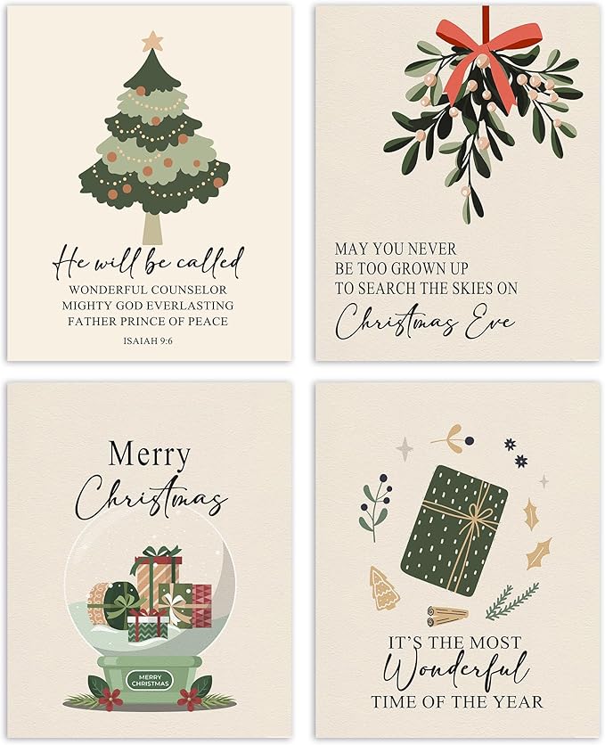 AEHIE Christian Christmas Wall Art Poster Prints for Home Bedroom Living Room,Bible Verse Winter Xmas Poster Prints, Boho Winter Xmas Tree Holiday Christian Bible Wall Art Unframed 4pcs 8x10inch