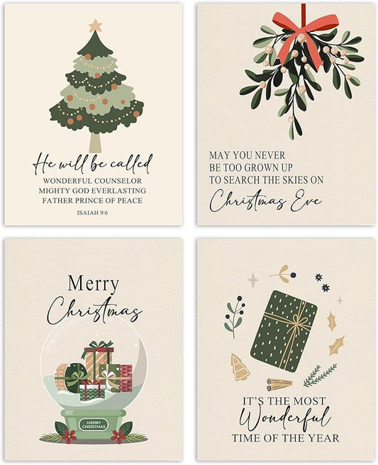 AEHIE Christian Christmas Wall Art Poster Prints for Home Bedroom Living Room,Bible Verse Winter Xmas Poster Prints, Boho Winter Xmas Tree Holiday Christian Bible Wall Art Unframed 4pcs 8x10inch