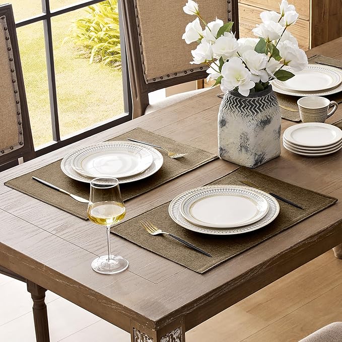 Romanstile Cloth Placemats Set of 6-12 x 18 Inch, Heat Resistant Double Layered Thickened Burlap Place Mats, Washable Faux Linen Farmhouse Table Mats for Kitchen/Dining/Party/Outdoor, Brown