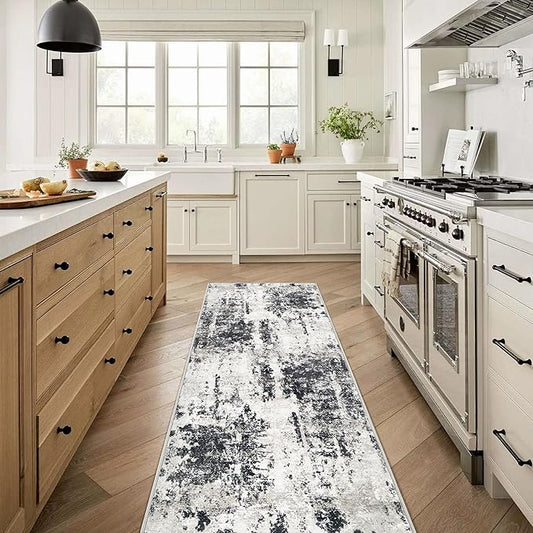 Runner Rug 2x6 Washable Runners, Modern Abstract Hallway Rugs Non-Slip Soft Kitchen Runner Stain Resistant Runners for Hallways, Entryway, Foyer, Bedroom, Laundry Room(Black,2'x6')