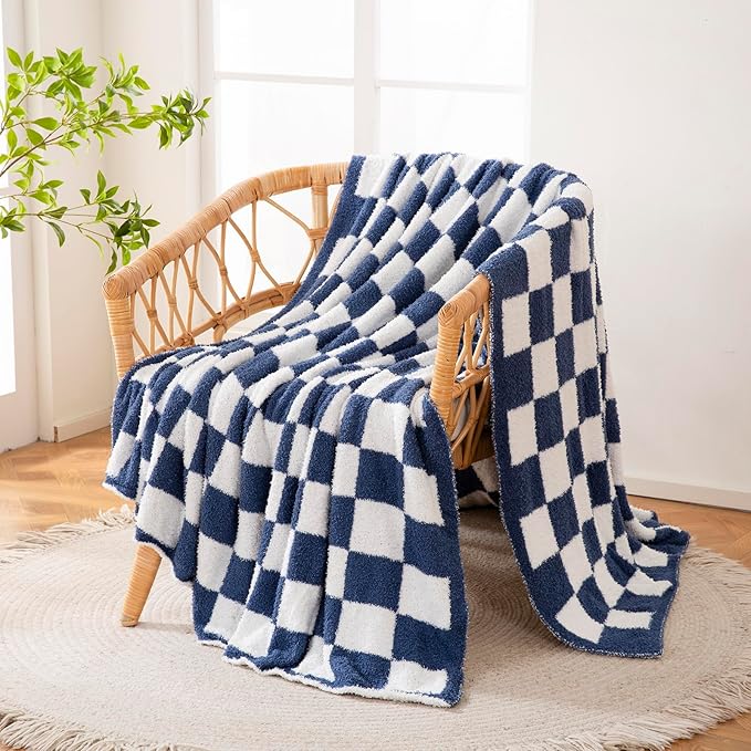 YIRUIO Throw Blankets Checkered Queen,King Size Big Fluffy Fuzzy Warmer Comfort Reversible Super Soft Cozy Decor for Home Bed Couch Sofa Room (Bluey, 80''x90'')