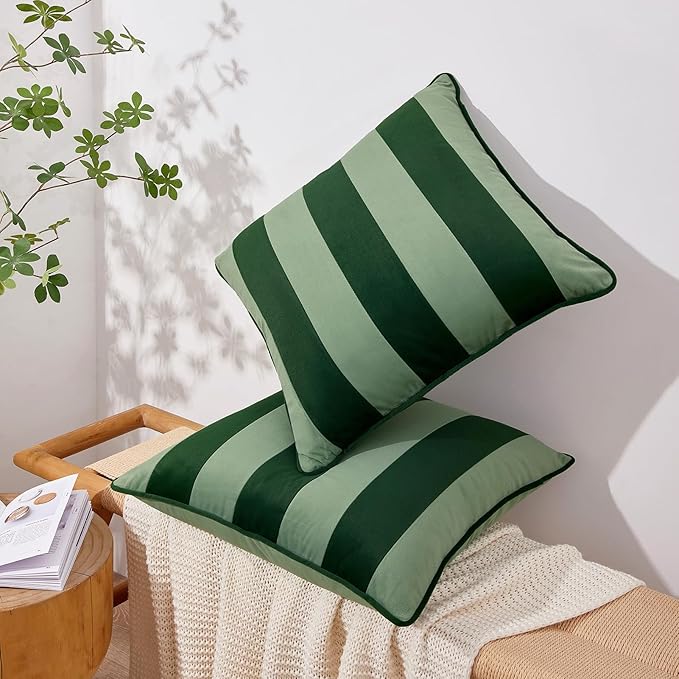MONDAY MOOSE Decorative Throw Pillow Covers Cushion Cases, Set of 2 Soft Velvet Striped Piping Edge Designs, Pillow Inserts Not Included (Green/Light Green, 22x22 inch)