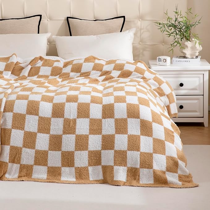 YIRUIO Throw Blanket Checkered Chessboard Fluffy Fuzzy Warmer Comfort Reversible Super Soft Cozy for Home Decor Bed Couch Sofa Living Room (Burnt Orange, 51''x63'')