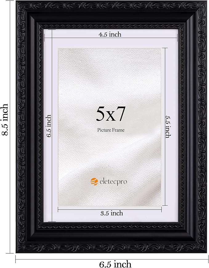 eletecpro 5x7 Picture Frames Set of 2, Vintage Photo Frames with Glass, Display 4x6 Photo with Mat or 5x7 without Mat for Tabletop or Wall Decor, Black