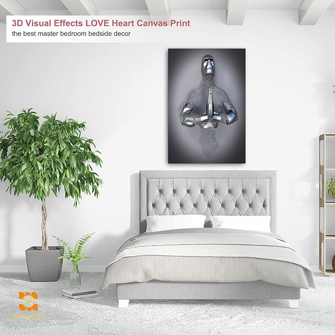 3D Wall Art Decor Artwork - 3D Metal Effect Wall Art Merged Hands for Modern Wall Art, Large Wall Art for Bedroom Dercorations Framed 32”x48”x1Pcs