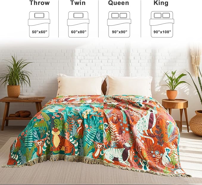 Throw Blanket for Couch Sofa Soft Cotton Blankets for Bedroom Living Room All Season Reversible Forest Animals Whimsical Home Decor 50"x60"