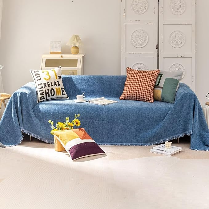 VClife Blue Couch Cover Chenille Sofa Covers Living Room Furniture Couch Protector with Tassel, Modern Non Slip Couch Cover for 2 Cushion Couch Sofa, Dog Cat Aesthetic Sofa Covers Throw, 71"x118"