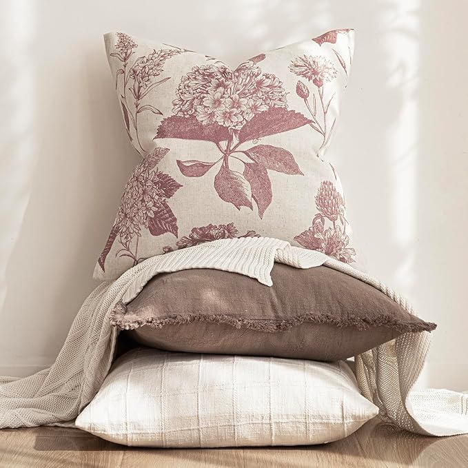 Foindtower Set of 2 Linen Floral Throw Pillow Covers Vintage Accent Print Decorative Cushion Covers Farmhouse Boho Home Decor for Sofa Chair Couch Bedroom Living Room,18×18 Inch,Dark Pink
