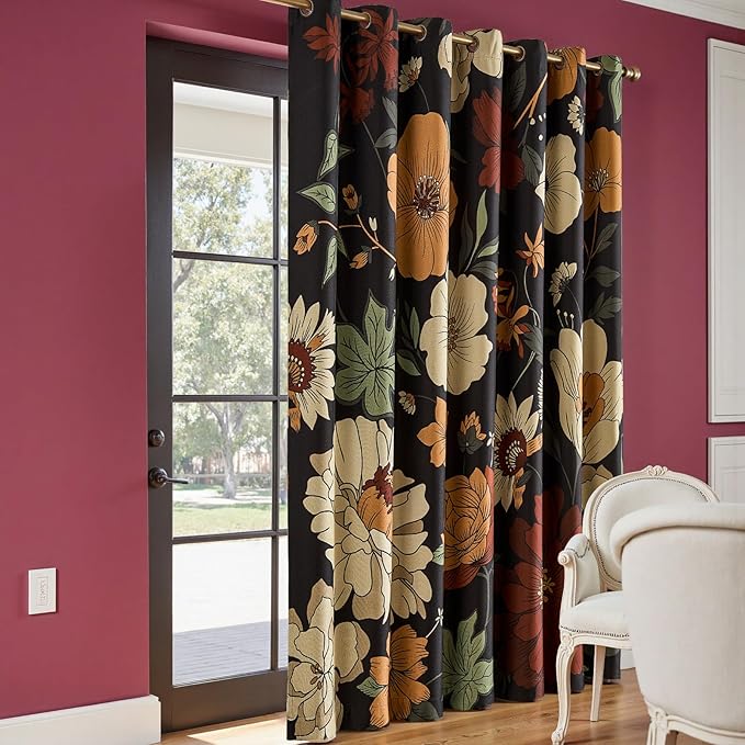 jinchan Lora Floral Curtain for Living Room Blackout Drape for Sliding Door Extra Wide Room Darkening Fall Decor Winter Vintage Flower Patterned Patio Door Curtain Grommet 1 Panel W100xL96 Inch Black