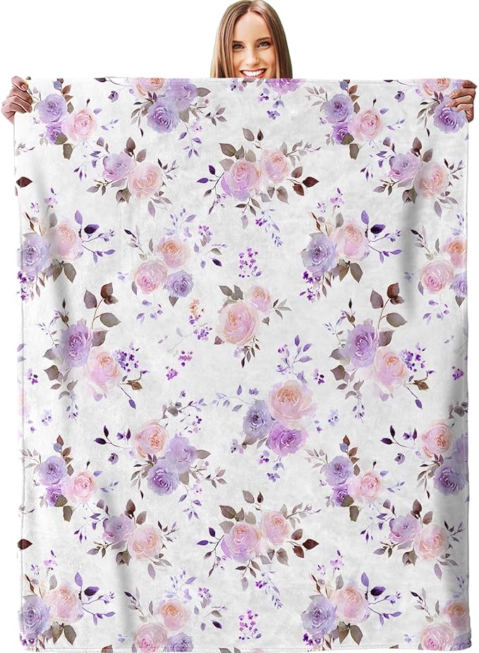 Pastel Lavender Floral Blanket, Plush Soft Lightweight Warm Cozy Flannel 50×40 inch Throw Blanket with Watercolor Flower Pattern for Couch, Travel, Bed, Outdoor, Gifts for Girls Teens Adults Women