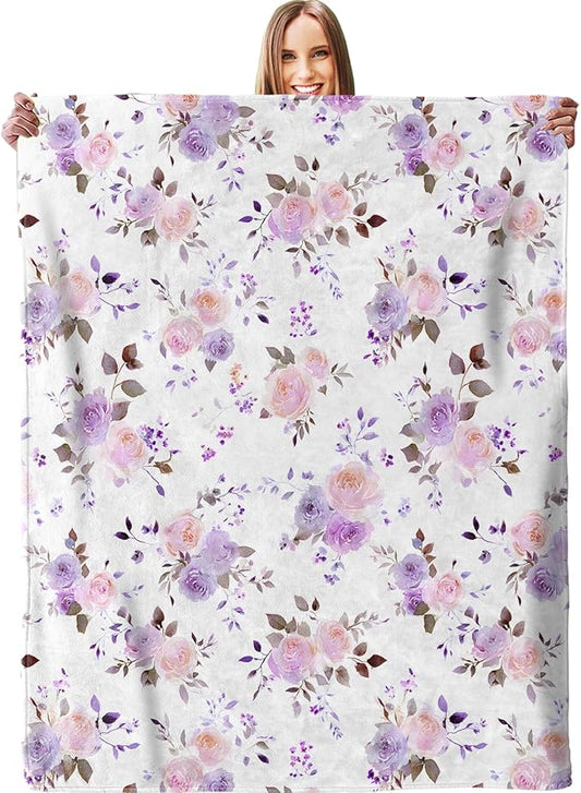 Pastel Lavender Floral Blanket, Plush Soft Lightweight Warm Cozy Flannel 60×50 inch Throw Blanket with Watercolor Flower Pattern for Couch, Travel, Bed, Outdoor, Gifts for Girls Teens Adults Women