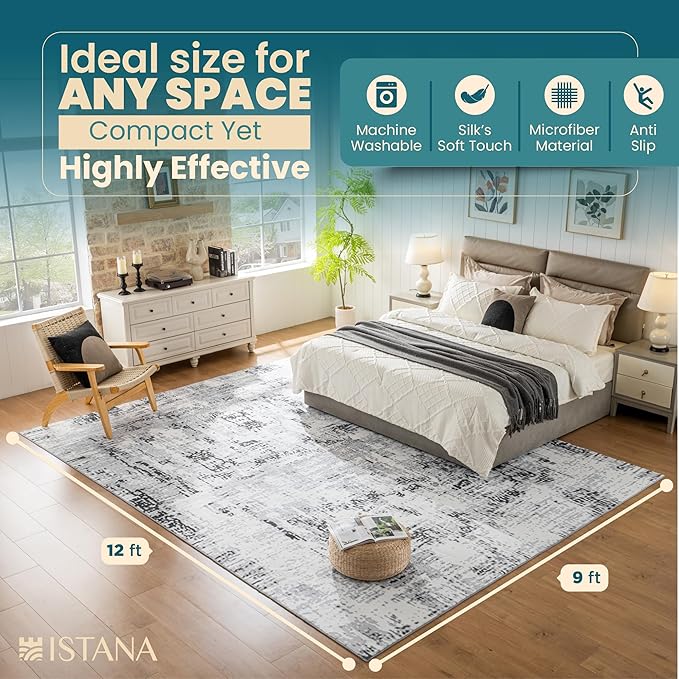 Istana 9x12 Area Rug - Grey 9 x 12 Area Rugs for Living Room - Foldable 9x12 Rugs for Bedroom/Living Room Rug - Stain Resistant Washable Rugs - Eco-Friendly Area Rugs