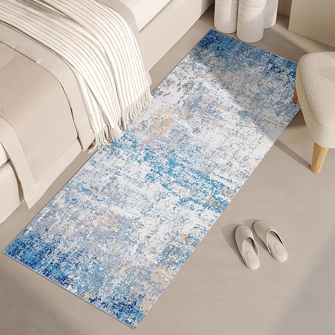 Modern Abstract 2x7 Runner Rug Washable Non Slip Stain Resistant Rug for Hallway Kitchen Bedroom Non Shedding Low Pile Indoor Floor Cover,Blue/Grey