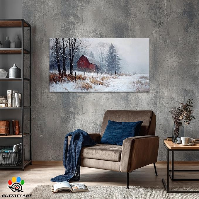 GUTTATY Christmas Winter Scene Canvas Wall Art, Rustic Red Barn Canvas Prints, Snowy Landscape Wall Artwork, Holiday Wall Decor Poster, Cozy Winter Pictures for Living Room, Bedroom, 60x30 Inch