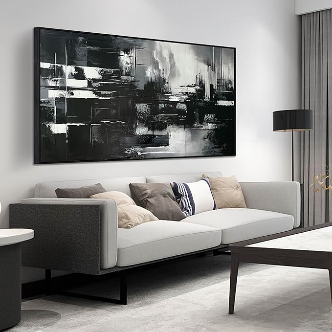 Hand Painted Abstract Canvas Wall Art for Living Room - Black and White Pictures for Office Wall Decor - Large Modern Wall Art Size 29" x 59"