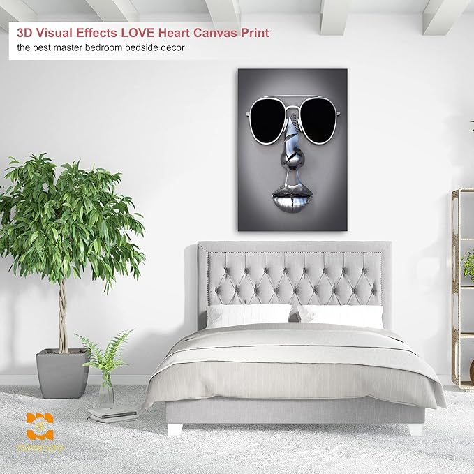 3D Metal Effect Wall Art - 3D Wall Art Decor Artwork Wear Sunglasses Siliver Figure Statue Modern Art Canvas Painting, Large Wall Art for Bedroom Dercor Framed 32”x48”x1Pcs