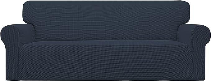 Easy-Going Stretch Sofa Slipcover 1-Piece Sofa Cover Furniture Protector Couch Soft with Elastic Bottom for Kids, Polyester Spandex Jacquard Fabric Small Checks (Sofa, Dark Blue)
