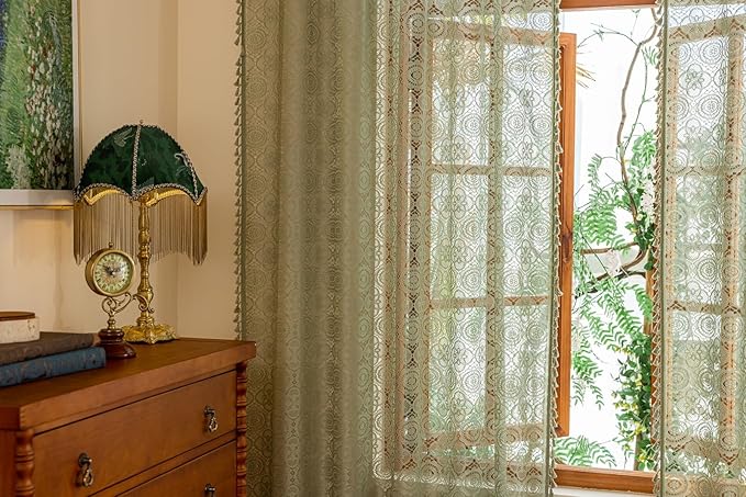 YJ YANJUN Sage Green Boho Curtains 2 Panels, Bohemian Crochet Floral Pattern, Vintage Lace Window Panels for Living Room Sliding Door, Cottagecore Farmhouse Light-Filtering Drapes W59 x L72