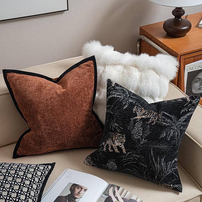 New 18x18'' inches Throw Pillow Cushion Covers - Black Color with Chenille Jacquard Embroidery Golden Tiger Luxury Modern Style Couch Sofa Bed Pillow Cover for Living Room Bedroom