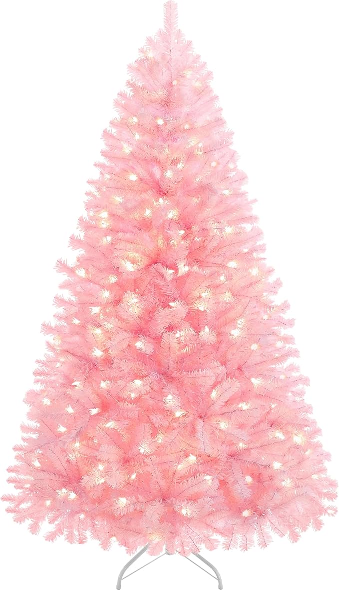 Yaheetech 7.5ft Pre-lit Artificial Hinged Christmas Tree Prelighted Full Holiday Xmas Tree for Home Party Decoration with 550 Warm White Lights & 1354 Branch Tips, Foldable Metal Stand, Pink