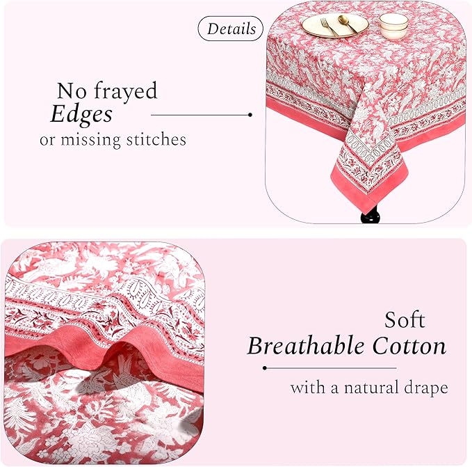 CPC Tablecloth 100% Cotton 72x140 Inch Indian Block Print Rectangle Table Cover, Red Table Cloth for Weddings, Spring/Summer, Barbeque - Pink Coral