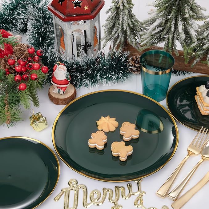 LIYH 180 Pcs Green and Gold Plastic Christmas Plates - Disposable Christmas Dinnerware sets, Green Dinner Dessert Plates, Gold Plastic Silverware Cups for Holiday, Party
