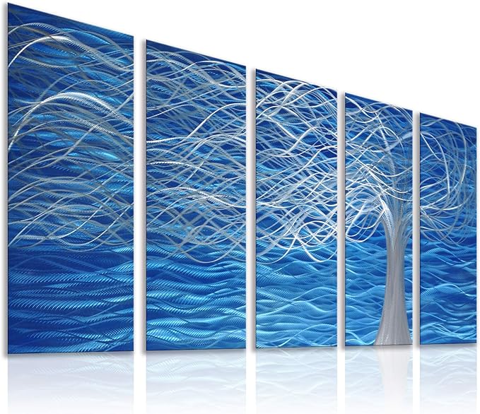 Unique Metal Wall Sculpture, Metal Wall Art with Tree Painting Design, Abstract Modern and Contemporary Décor, Aluminum Blue Artwork, Indoor and Outdoor decoration, 5 panels 64"Wx24"H