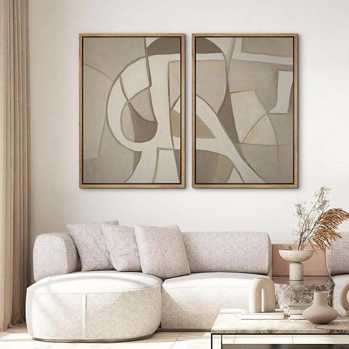 SIGNWIN Framed Canvas Print Wall Art Set Neutral Abstract Geometric Modern Minimalist Beige and Cream Illustrations Minimal Decorative Zen for Living Room, Bedroom, Office - 24"x36"x2 Natural