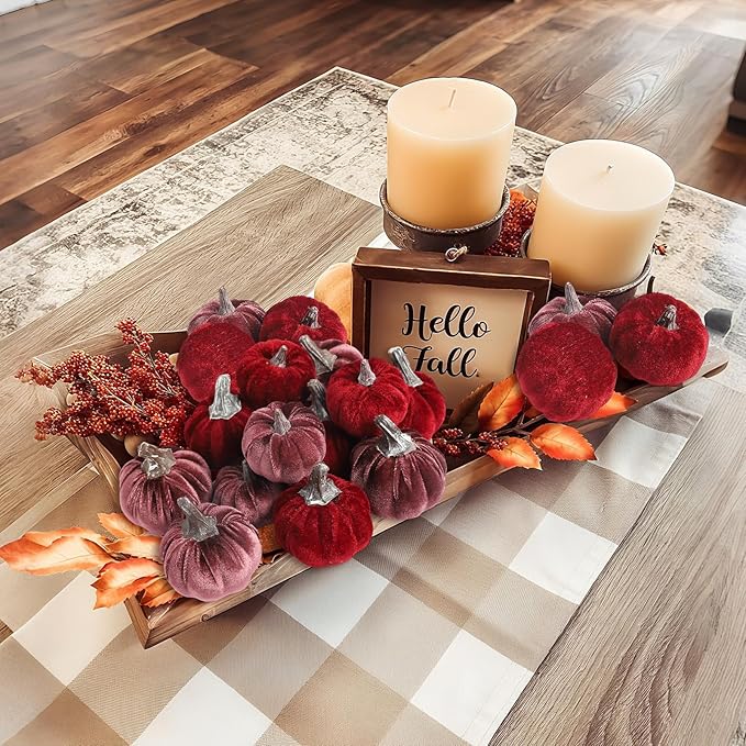 12pcs Velvet Fake Pumpkins Fall Decor Faux Small Foam Fabric Pumpkin for Autumn Table Centerpiece Party Farmhouse Harvest Thanksgiving (Burgundy/Mulberry)