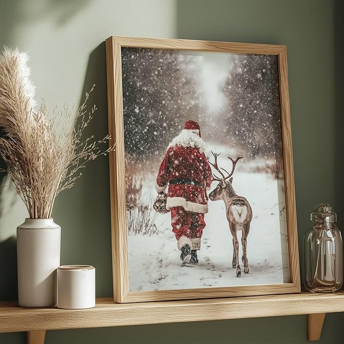 llguiidecal Vintage Santa Claus and Reindeer Wall Art Print, Rustic Christmas Winter Forest Photography, Holiday Farmhouse Snow Scene Print, Cozy Nordic Christmas Decor (8X10 Inch-Unframed)