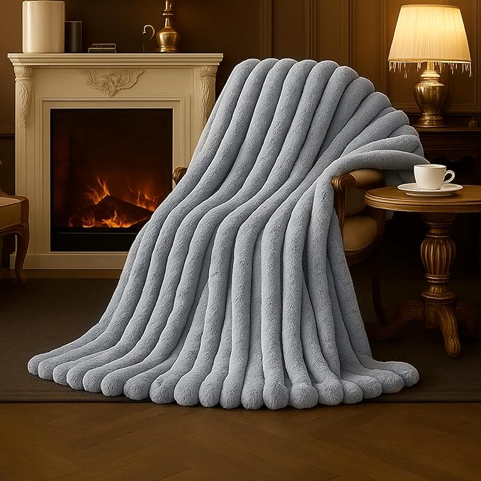 Amélie Home Faux Fur Throw Blanket for Couch, Cozy Fuzzy Fluffy Fur Luxurious Soft Striped Plush Gift Blankets for Family Sofa Chair, 60"x80", Light Grey