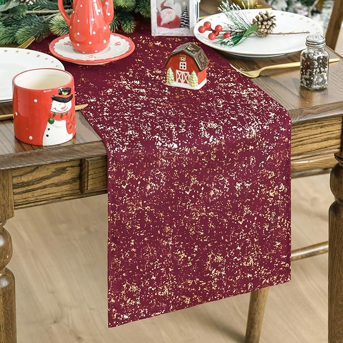 Artoid Mode Burgundy Dutch Fleece Table Runner, Glitter Metallic Foil Holiday Kitchen Dining Table Decoration for Home Party Decor 13x48 Inch