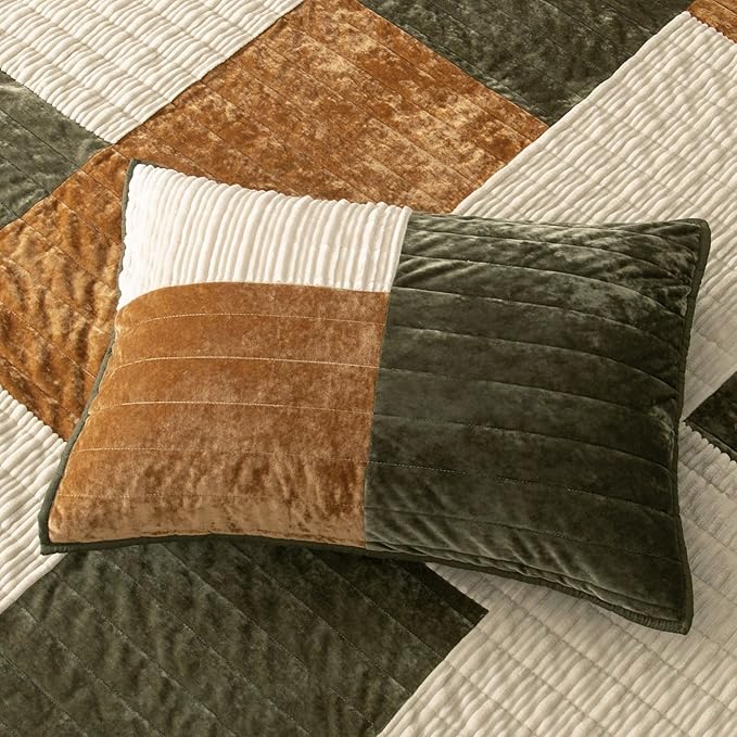 Wonderful Velvet Patchwork Quilt Set - Striped Channel Stitch Green Quilt Queen, Soft Corduroy Lightweight Comforter, Pet-Friendly, Tear-Resistant, Farmhouse Bedspread Bedding for All Season, 94"x94"