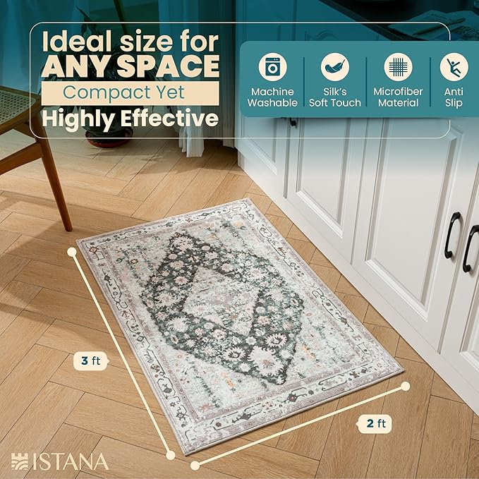 Istana 2x3 Area Rug - Light Green/Beige Boho Rugs for Living Room 2x3 - Foldable Small Rugs for Bedroom - Stain Resistant Washable Rug Non Slip - Eco-Friendly Area Rugs Indoor