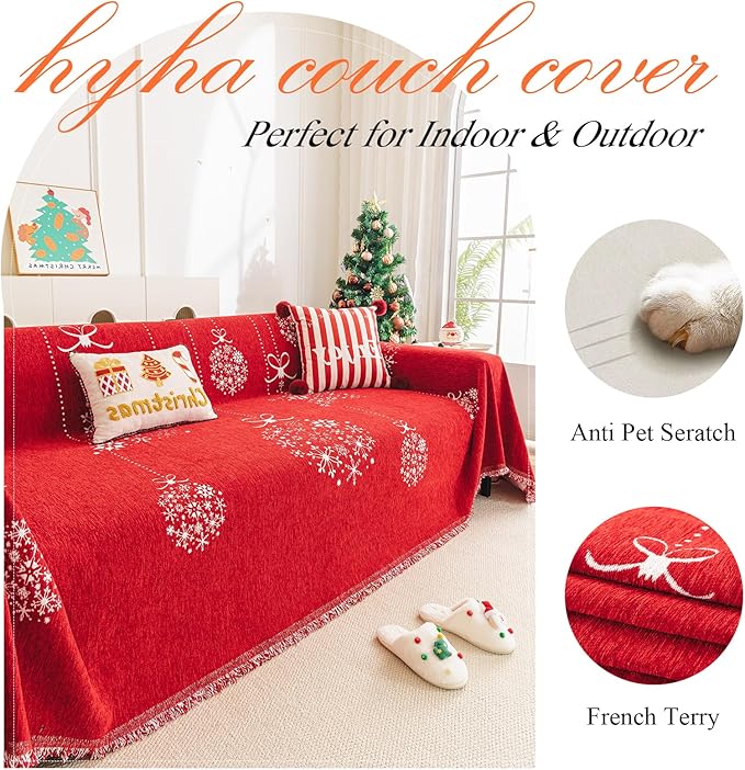 hyha Couch Cover for Dogs, Boho Sofa Covers for 3 Cushion Couch Washable, Chenille Sofa Slipcover for Pets, Soft Loveseat Sectional Couch Throw Blankets with Tassels (Red Snowflakes, 71x118 Inch)