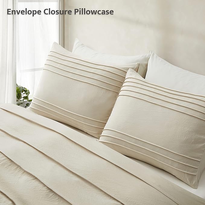 Oli Anderson Beige Duvet Cover Twin Size - Pleated Twin Duvet Cover, 2PCS Soft and Breathable Textured Bedding Set with Zipper Closure(Beige,68"x90")