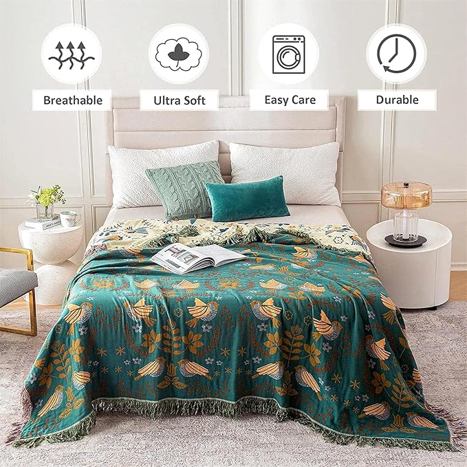 Boho Throw Blanket for Bed 100% Cotton Ultra Soft Rustic Quilt Fall Blanket Bird Floral Printed Farmhouse Decor Large Bed Blankets,60"×80" All Season Rustic Throw for Sofa Couch Chair