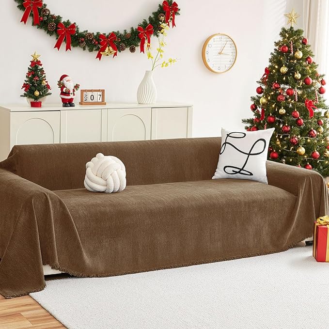 hyha Couch Cover for Dogs, Boho Sofa Covers for 3 Cushion Couch Washable, Chenille Sofa Slipcover for Pets, Soft Loveseat Sectional Couch Throw Blankets with Tassels (Chocolate, 88.5x150 Inch)