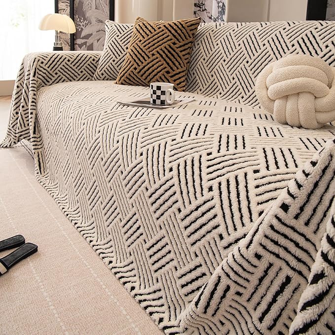 ROOMLIFE Striped Boho Black Couch Cover for 2-3 Cushion Sofa, Fuzzy Plush Warm Sofa Slipcovers Sectional Sofas Covers, Non Slip Washable Furniture Protector Soft with Tassel,Winter 71''X150”