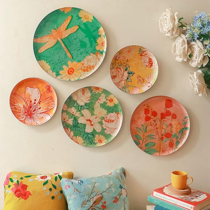 RITUALISTIC Pastel Blooms Iron Wall Art Plates – Set of 5 Decorative Plates | Floral & Nature-Inspired Metal Wall Decor | Soft-Toned Wall Hanging for Living Room, Bedroom & Christmas gifts