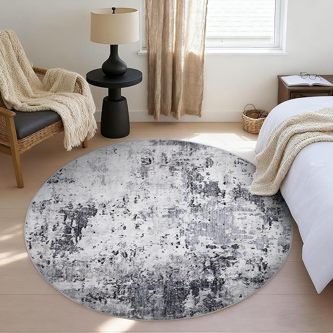 Modern Abstract 4x4 Round Area Rug Non Slip Non Shedding Rug Low Pile Stain Resistant for Bedroom Living Room Office Dining Room,Grey