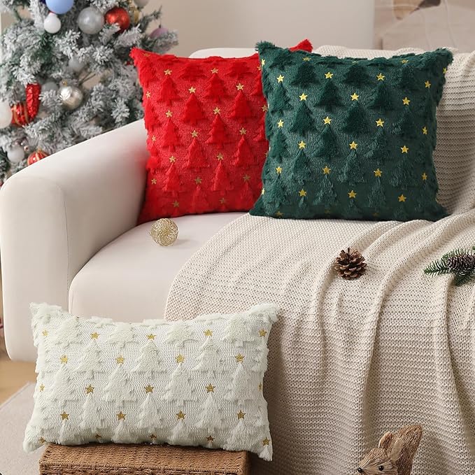 Christmas Throw Pillow Covers Christmas Decorations Set of 2 Xmas Tree 18x18 Pillow Covers Soft Plush Faux Wool Pillow Cases Holiday Winter Decor Sofa Couch Bed