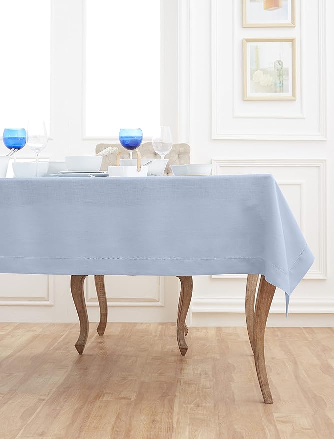 Solino Home Linen Tablecloth 60 x 144 Inch - Classic Hemstitch 100% Pure Linen Sky Blue Table Cloth for Rectangle Tables - Machine Washable Tablecloth for Christmas